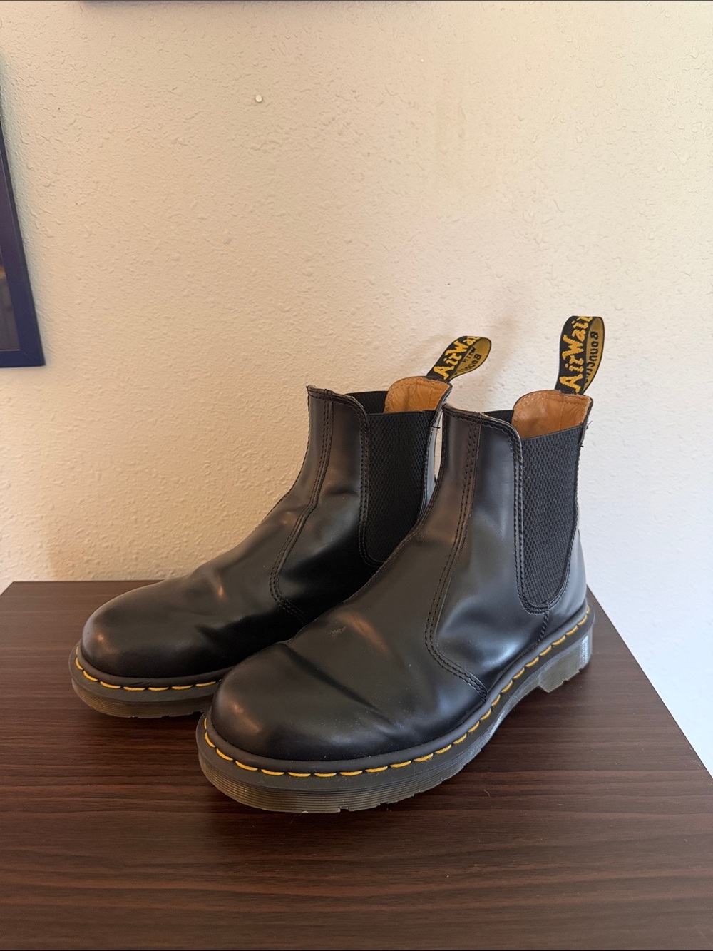 Dr. Martens Black Leather Chelsea Boots with Yellow Stitching